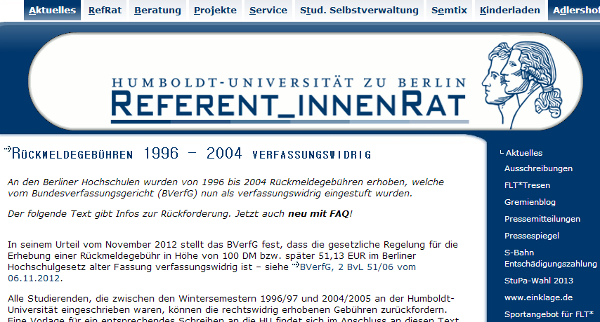 베를린 훔볼트대학이 연방헌재의 등록금 징수 위헌 판결을 알리며 해당 기간 졸업생들에게 환불을 신청할 수 있다고 공지하고 있다. 